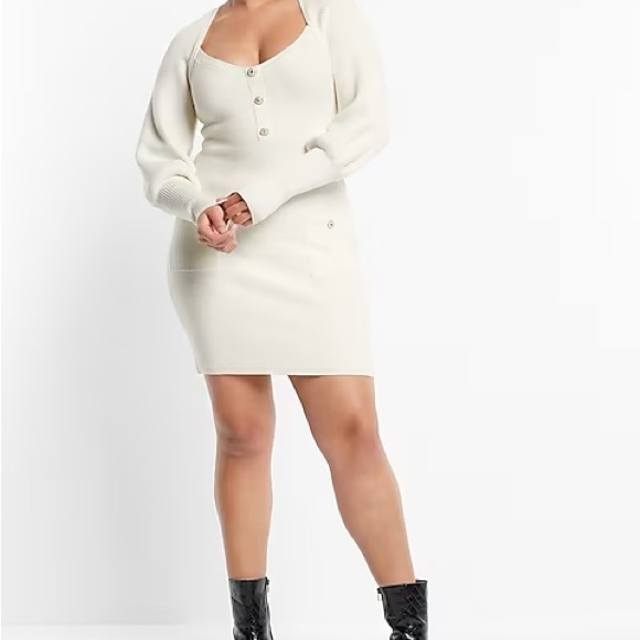 EXPRESS SWEATER DRESS BALLOON  SLEEVES BUTTON DETAIL WINTER WHITE NWT SZ MED - Picture 6 of 6